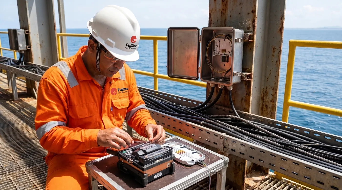 Técnico da Fujitec fazendo fusão de fibra óptica no convés de uma plataforma offshore